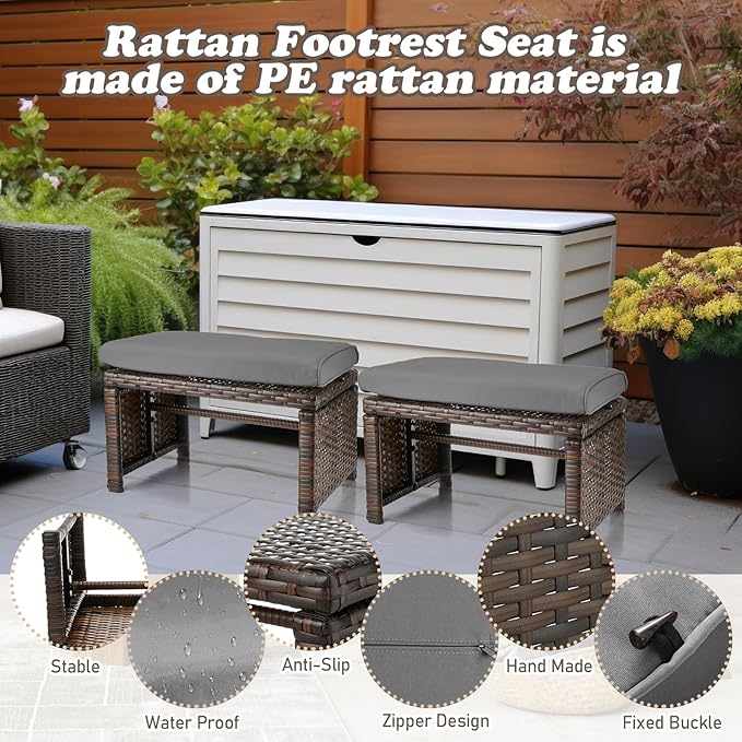 2 Pcs Patio Rattan Ottomans Outdoor Wicker Ottomans Patio Footstool Footrest - Image 3