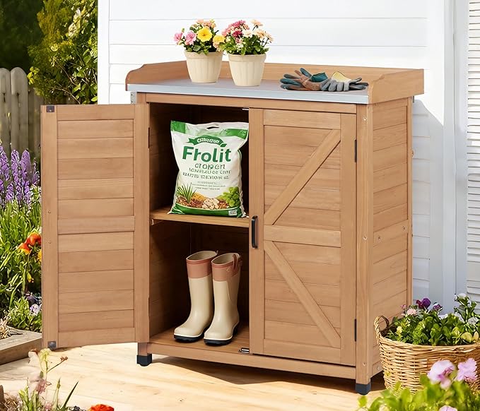 Outdoor Potting Bench with Storage Cabinet and Metal Top, Wood Workstation - Image 2