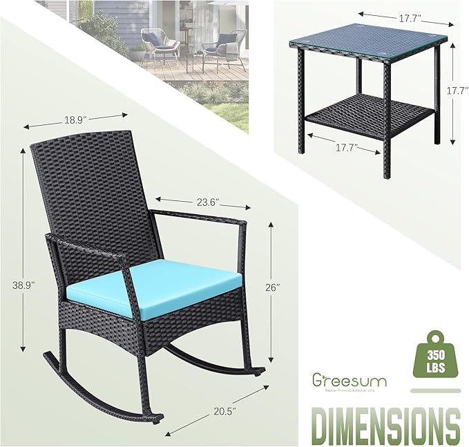 Greesum 3 Pieces Patio Furniture Set Outdoor Wicker Rocking Chairs - Image 6