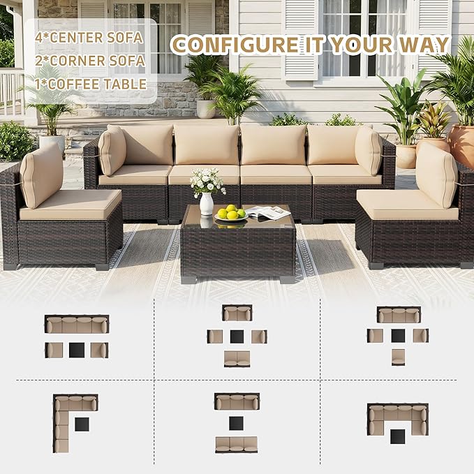 LEVELEVE 7 Pieces Outdoor Patio Furniture Sets, Rattan Conversation Sectional - Image 3