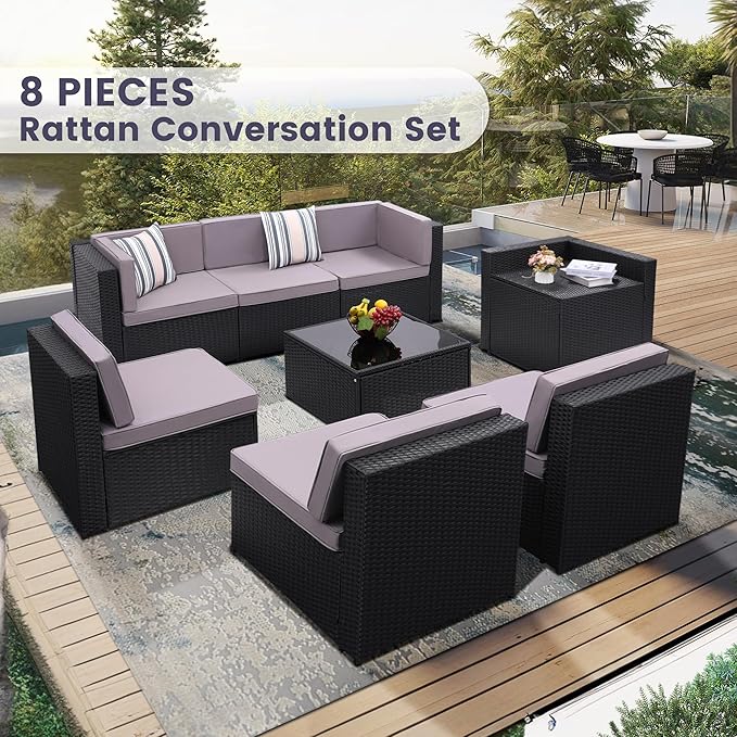 8-Piece Patio Furniture Set, Outdoor Wicker Rattan Sectional - Image 2