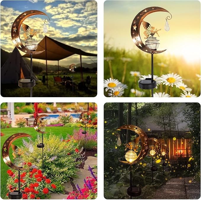 LICKLIP Moon & Fairy Garden Solar Stake Light Outdoor, Crackle Glass Globe - Image 2