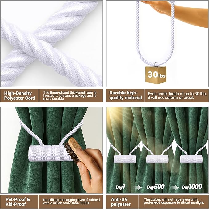 Hion Magnetic Curtain Tiebacks White 2pcs, Curtain Tiebacks Buckles Holdbacks - Image 3
