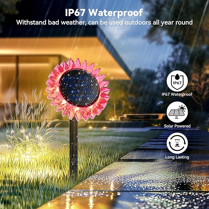 Outdoor Solar Lights, 4 Pack Led Solar Sunflower Lights, Stake/Wall 2-in-1 - Image 6