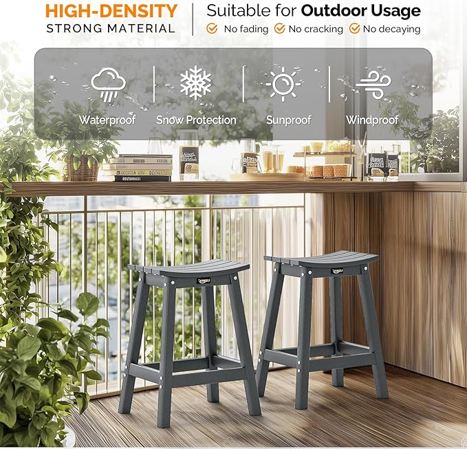 VINGLI 24 Inch Outdoor Bar Stools Set of 2, HDPE Weather Resistance Counter - Image 6