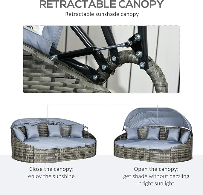 Outsunny 4-Piece Outdoor Rattan Furniture Set, Round Convertible Patio Daybed - Image 4