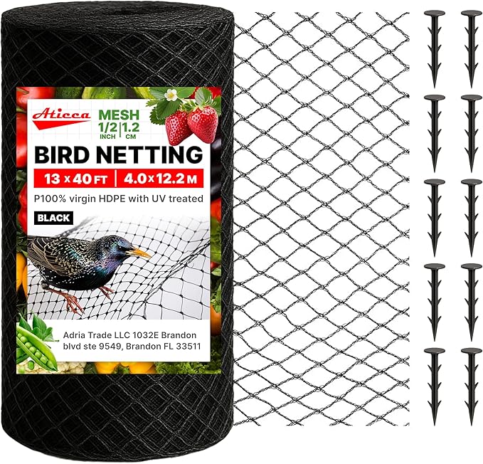 Heavy Duty Bird Netting for Garden Protection & Fruit Trees, 13x40 Ft by Aticca