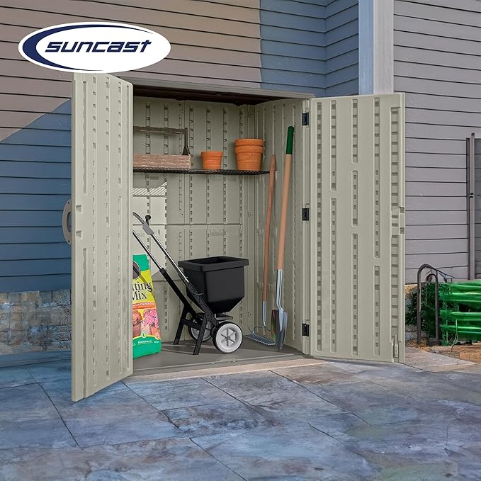 Suncast Outdoor Storage Shed, Water Resistant Resin Vertical Outdoor Storage - Image 5
