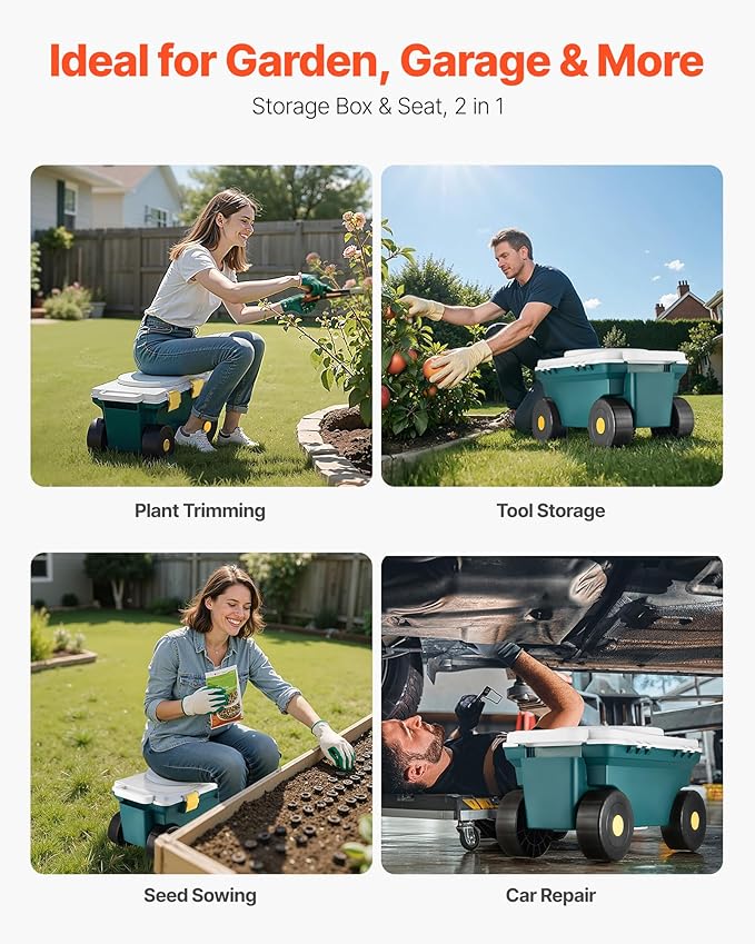 VEVOR Garden Scooter with Seat, 2 in 1 Rolling Garden Cart with Storage Bin - Image 6