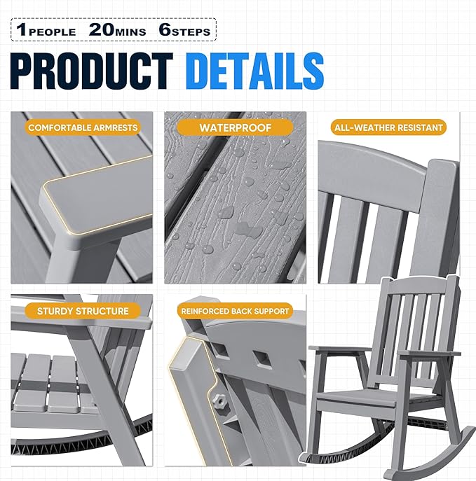 Devoko PP Material Rocking Chair Outdoor Indoor All Weather High Back Patio - Image 4