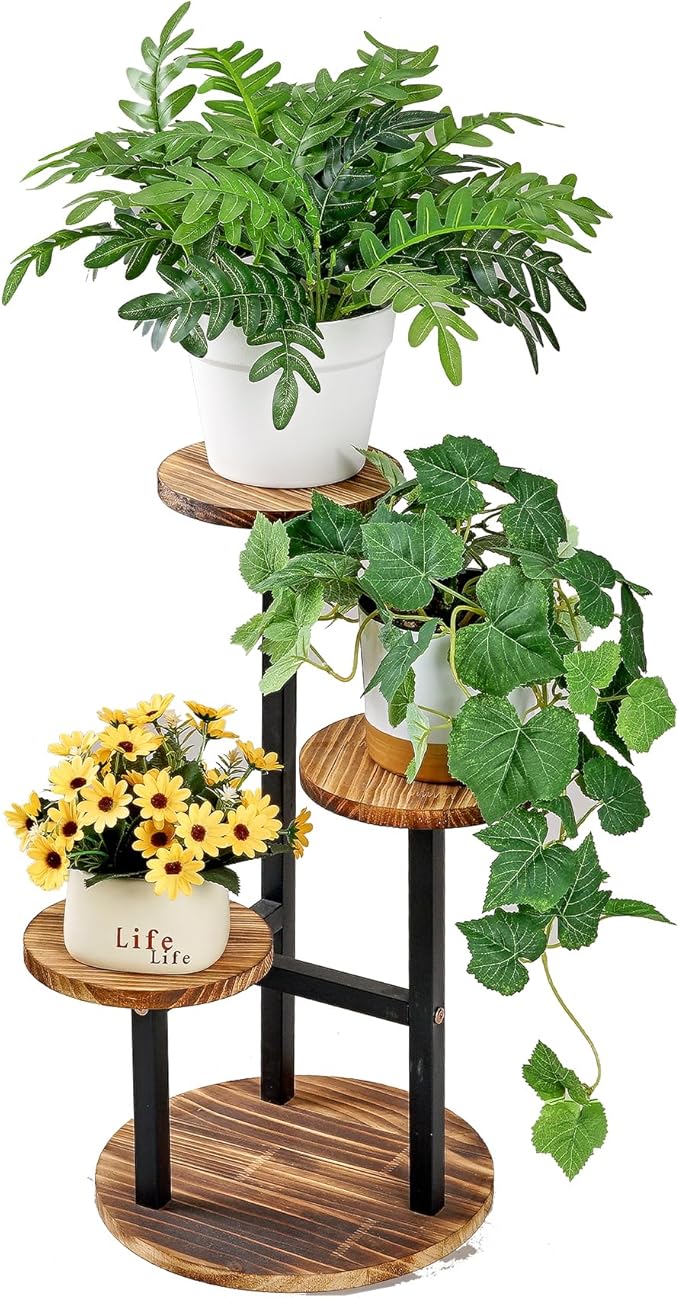 VECELO 3 Tier Plant Stand Indoor Outdoor, Tall Metal Wood Flower Shelf by VECELO