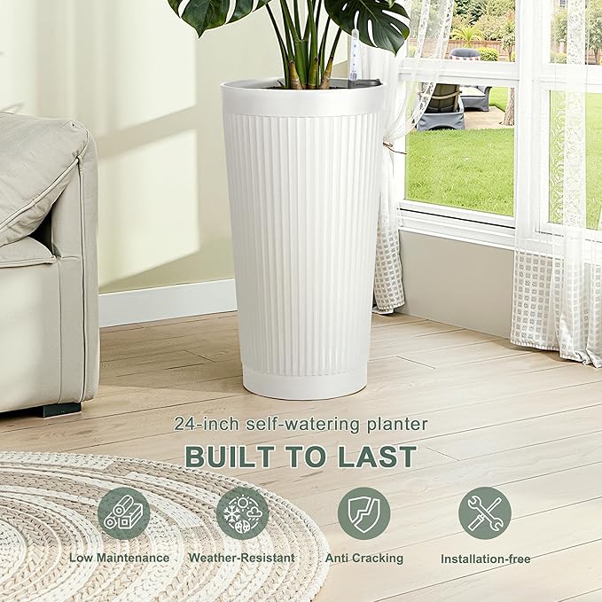 24” Tall Outdoor Planters Set of 2, Self Watering Flower Pots White Planters - Image 3
