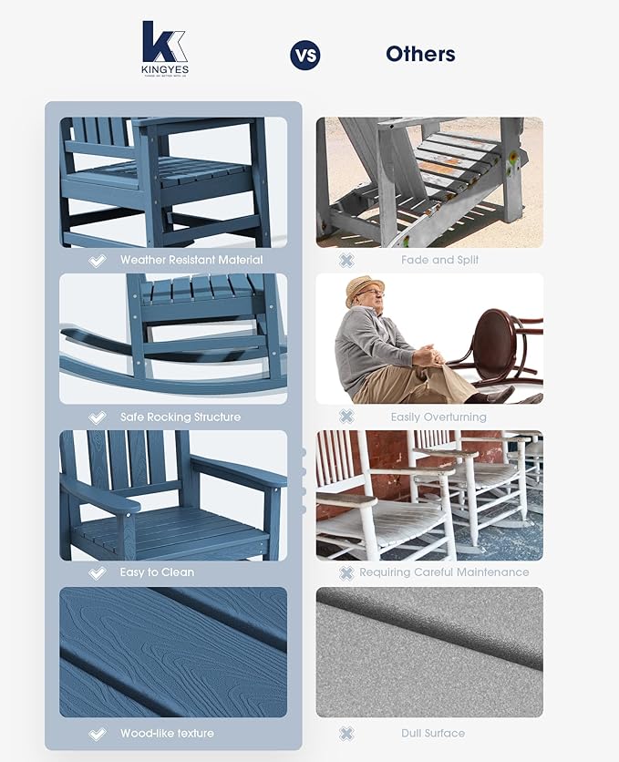 KINGYES HDPE Outdoor Rocking Chair, Widened Seat Patio Rocking Chair, Oversized - Image 6