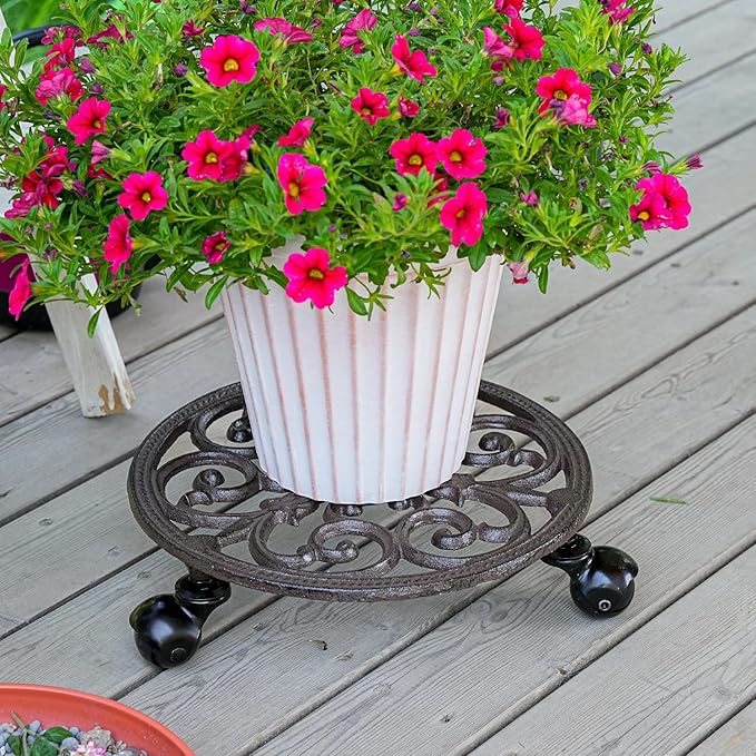 Sungmor Heavy Duty Cast Iron Plant Caddy, Indoor Outdoor Planter Holder Trolley - Image 2