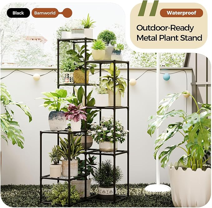 Bamworld Black Plant Stand Indoor Outdoor Corner Plant Shelf 54.7" Tall Plant - Image 3