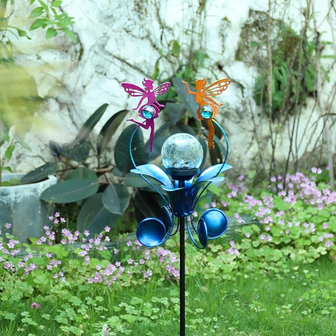 VCUTEKA Solar Lights Outdoor Metal Garden Stake Waterproof Crackle Glass Globe - Image 2