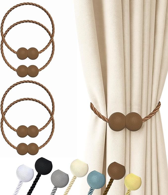 Hion Magnetic Curtain Tiebacks Dark Brown 4 Pack, Curtain Tiebacks Buckles by Hion