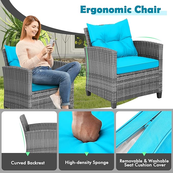 Tangkula 3 Pieces Patio Furniture Set, Outdoor PE Rattan Conversation Chair Set - Image 4