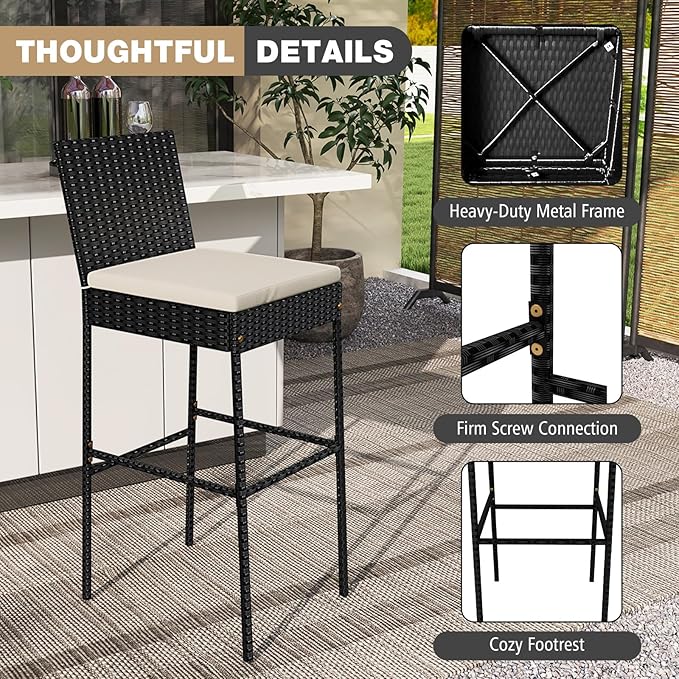 HAPPYGRILL Wicker Patio Barstools Set of 4, Outdoor Rattan Bar Chairs - Image 8