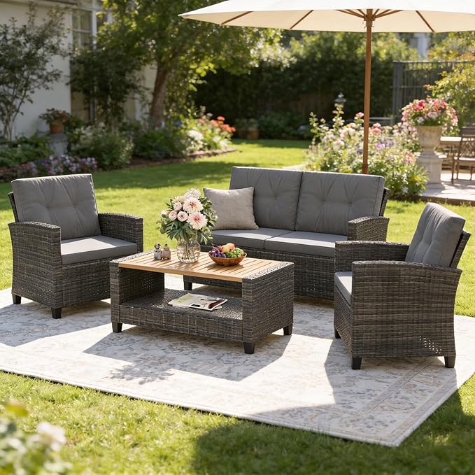 Wisteria Lane 4 Piece Patio Furniture Set, Wicker Outdoor Patio Conversation by WisteriaLane