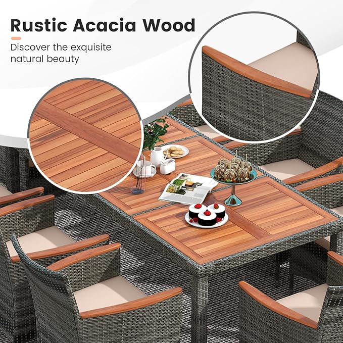 Tangkula 10 Pieces Patio Wicker Dining Set w/Double-Sided Patio Umbrella - Image 5