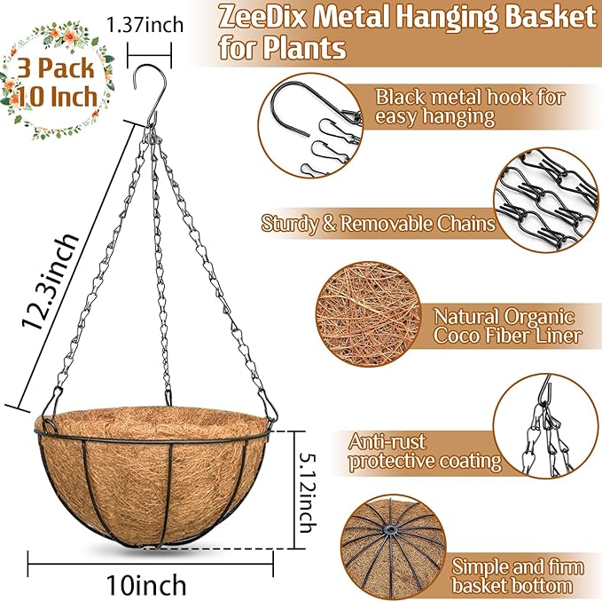 ZeeDix 3 Pack 10 Inch Metal Round Hanging Planter Basket - Image 2
