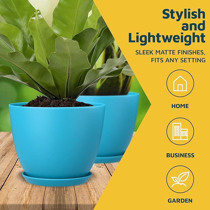 Blue Plant Pots with Drainage Holes & Saucers 5 Pack, Indoor & Outdoor - Image 3