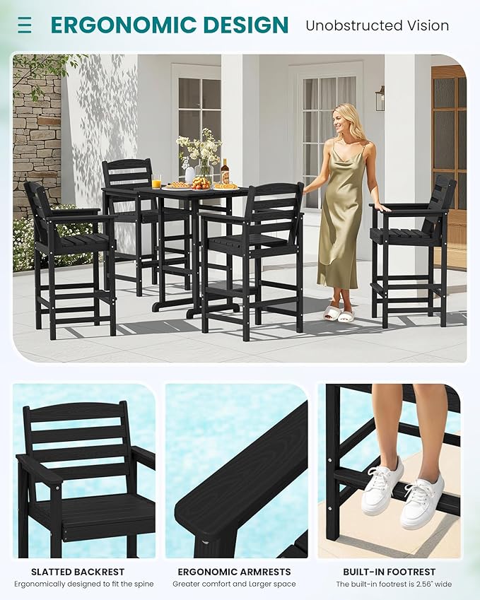 SERWALL 5-Piece Adirondack Bar Chairs Set, HDPE Adirondack Barstools - Image 5