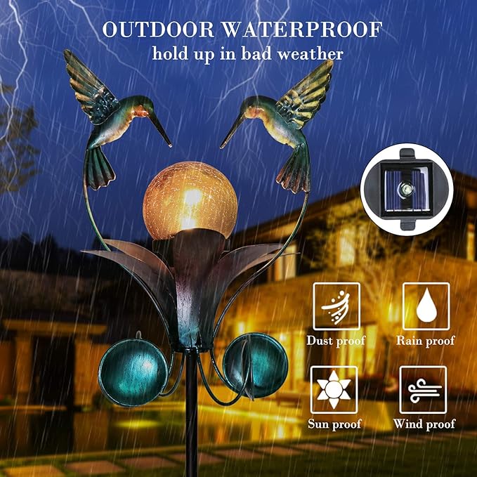 VCUTEKA Solar Lights Outdoor Metal Garden Stake Waterproof Crackle Glass Globe - Image 3