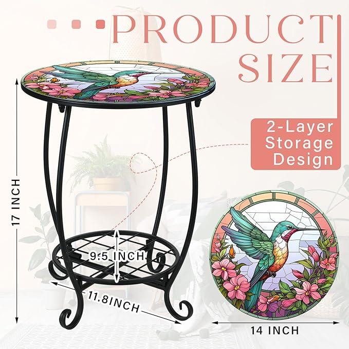 Outdoor Side Table Round Small Mosaic Patio Accent Indoor End Plant Metal - Image 3