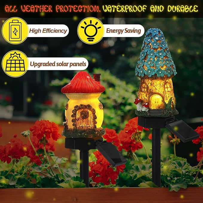 2 Pack Fairy Outdoor Garden Fairy House Mushroom Solar Light Home Statue LED - Image 3