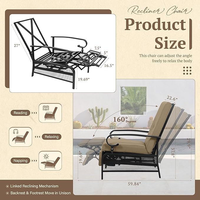 Oakcloud Adjustable Outdoor Lounge Chair Metal Patio Relaxing Recliner Chair Set - Image 3