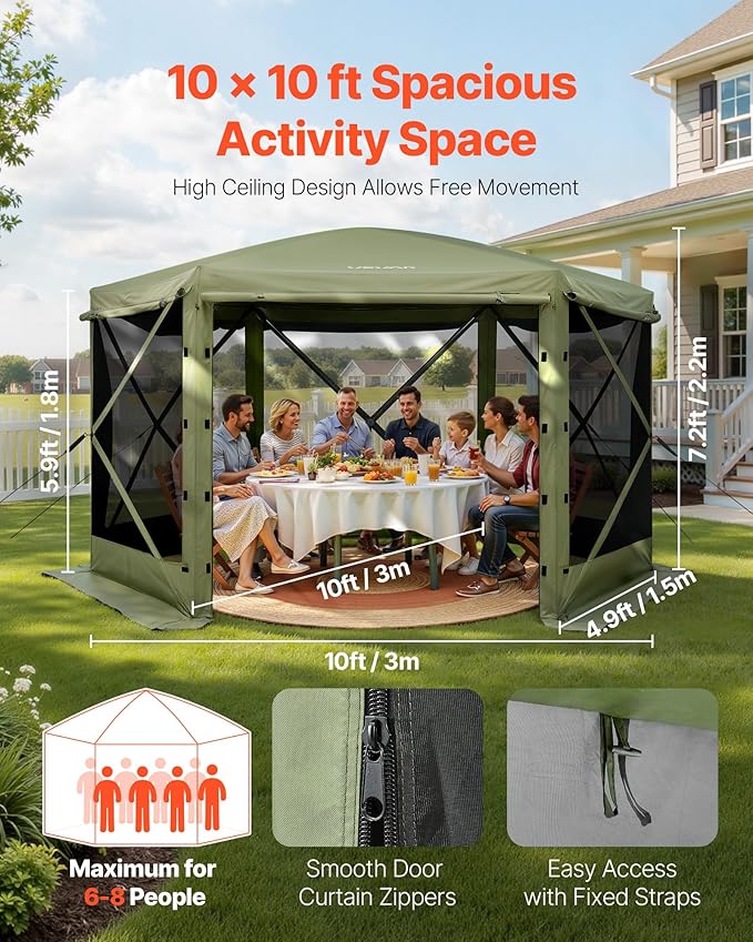 VEVOR Pop up Gazebo Screen Tent, 10 x 10 ft Large 6-Sided Camping Canopy Tent - Image 2