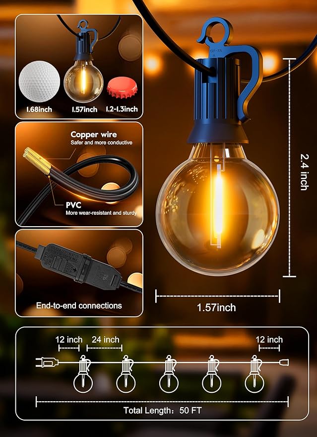 Brightown Outdoor String Lights, 50FT 25 G40 Bulbs Shatterproof Patio Lights - Image 6