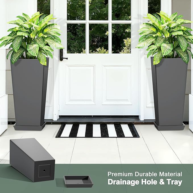 Set of 2 Tall Planters with Drainage Tray, 24 Inch Large Flower Pots - Image 4