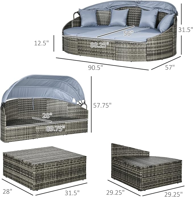 Outsunny 4-Piece Outdoor Rattan Furniture Set, Round Convertible Patio Daybed - Image 7