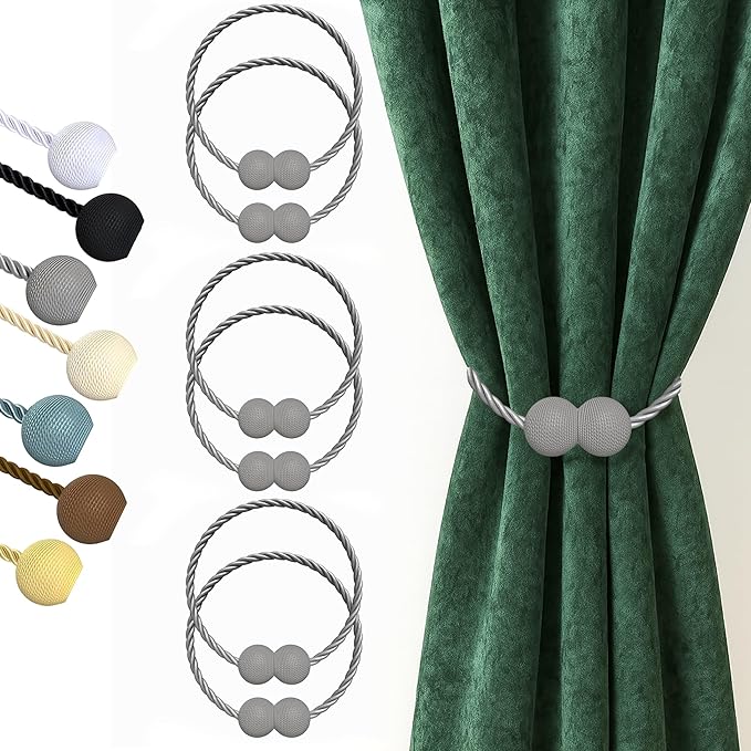 Hion Magnetic Curtain Tiebacks Grey 6 Pack, Curtain Tiebacks Buckles Holdbacks by Hion