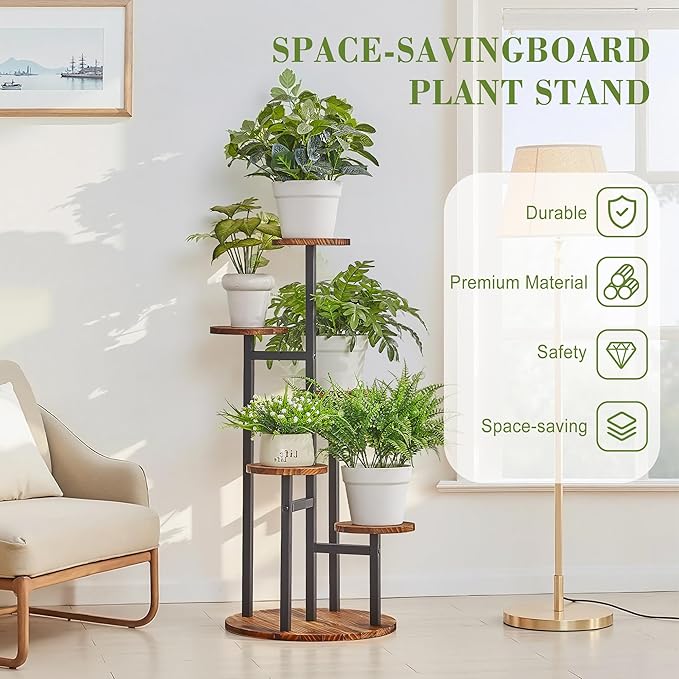VECELO 5 Tier Plant Stand Indoor Outdoor, Tall Metal Wood Flower Shelf - Image 6