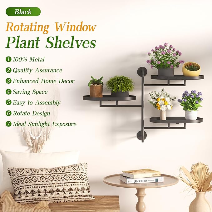 Window Sill Rotating Plant Stand Shelf Indoor Black Metal Floating Shelves - Image 3