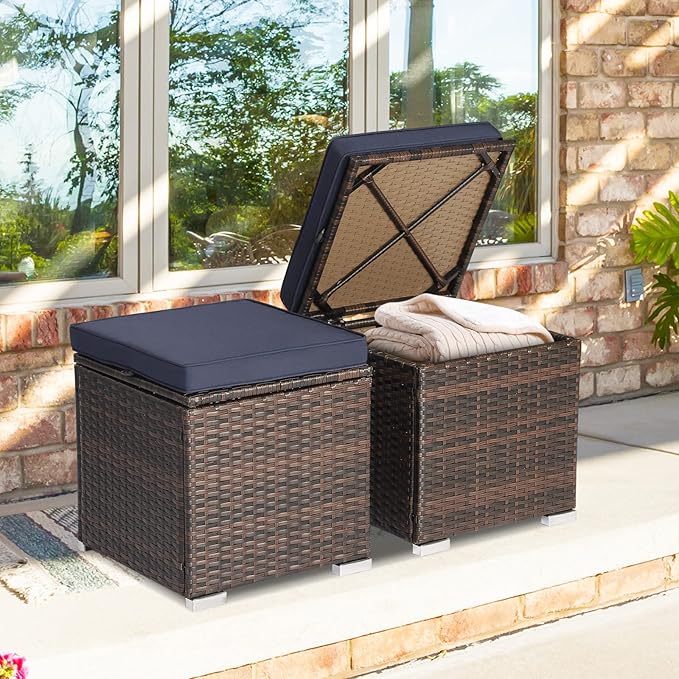 Tangkula 2 Pieces Patio Ottomans, Patiojoy Hand-Woven PE Rattan Side Table - Image 4