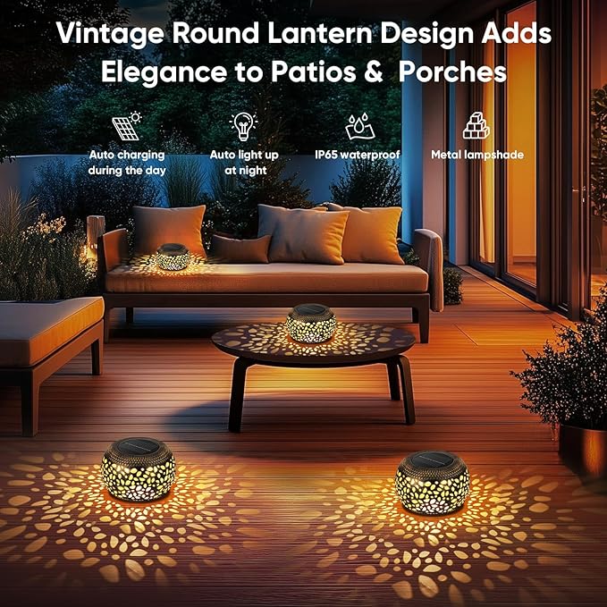 Solar Lanterns Waterproof Outdoor Decor: 2 Pack Hollow Out Retro Metal Solar - Image 5