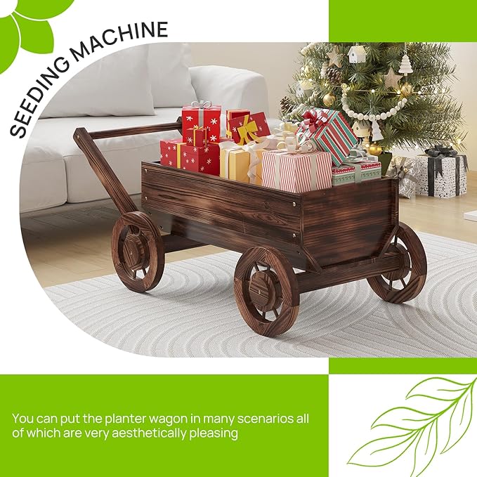 Wooden Flower Cart with Wheels Wooden Wagon Planter Outdoor Garden Planter - Image 5
