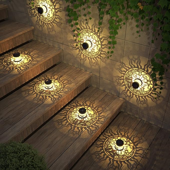 4 Pack Solar Fence Lights Metal Solar Powered Outdoor Wall Deck Lights Sun Moon - Image 4