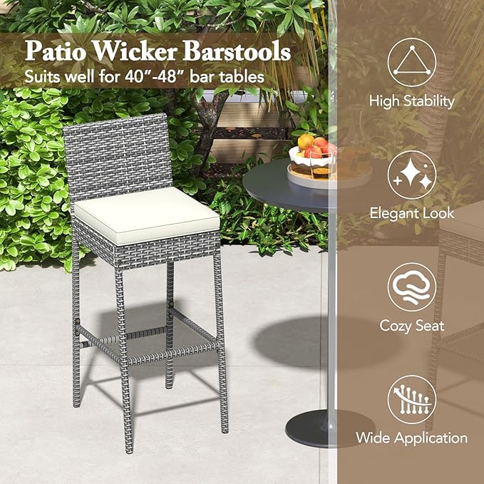 HAPPYGRILL Patio Wicker Barstools Set of 2, Outdoor Bar Height Chair w/Soft - Image 6
