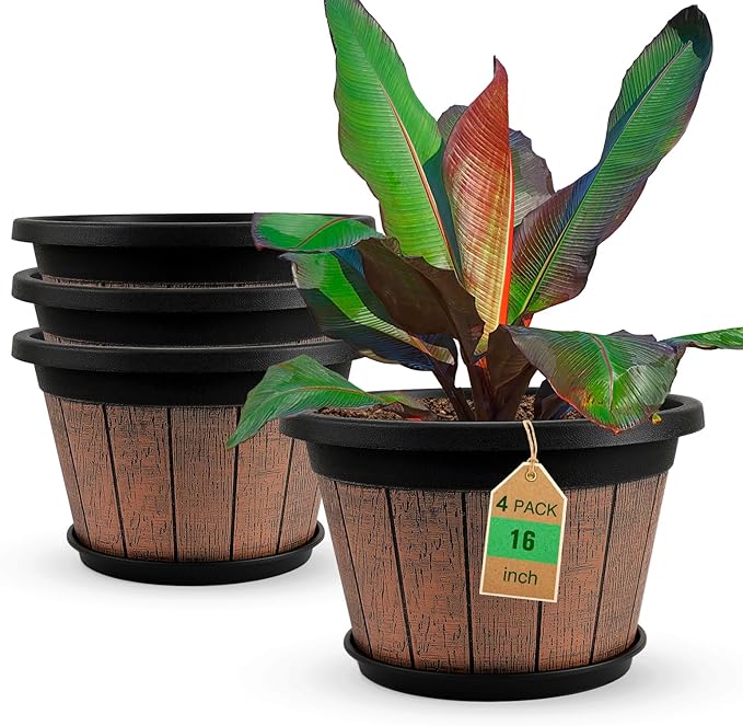 Quarut Large 4 Pack 16 inch Plant Pots, Whiskey Barrel Planters by Quarut