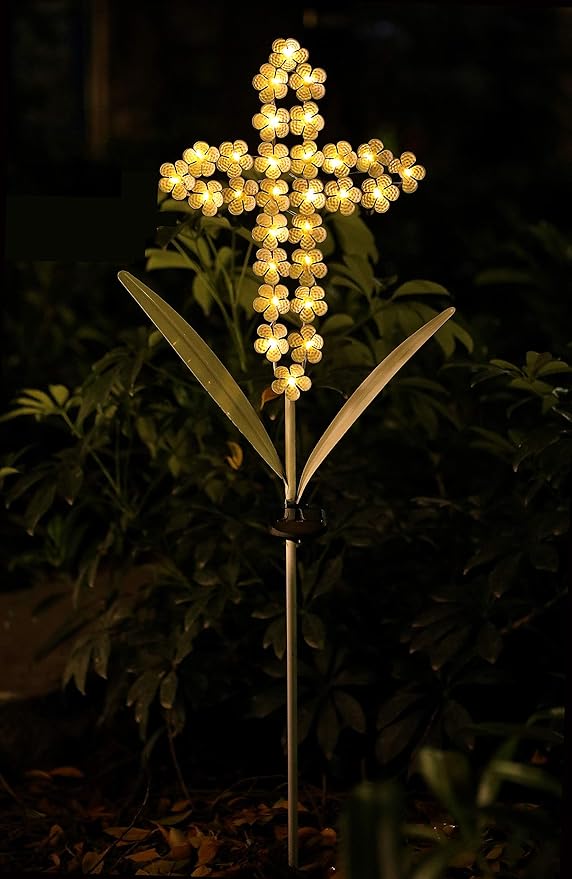 White Cross Garden Stake Solar Lights Metal Hydrangea Cross Stake Memorial Gift - Image 4