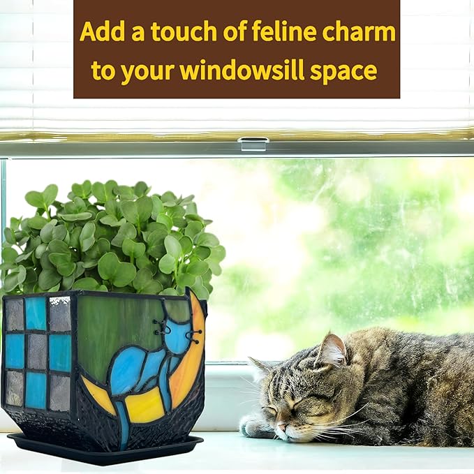 Tiffany Stained Glass Unique Moon Sleeping Blue Cat Planter, Indoor Plant Pots - Image 6