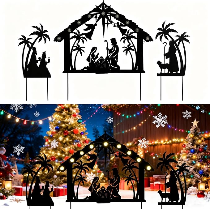 3Pack Lighted Metal Nativity Scene Garden Stake, Solar Christmas Decorations by Unknown