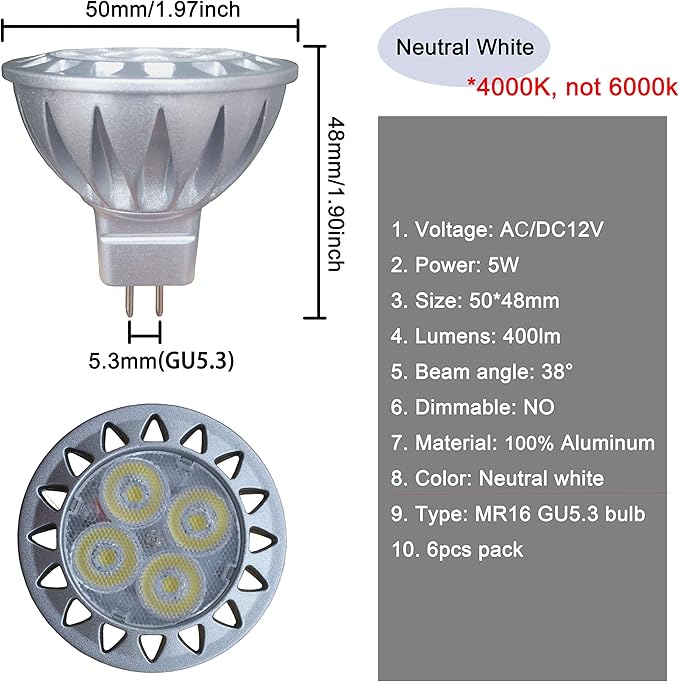 ALIDE MR16 GU5.3 Led Bulbs 5W 4000K Neutral/Natural White, 20W-35W Halogen - Image 3