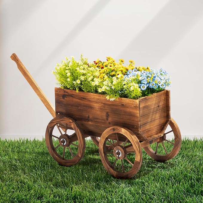 Wood Wagon Planter for Outdoor Balcony Decor by Idzo